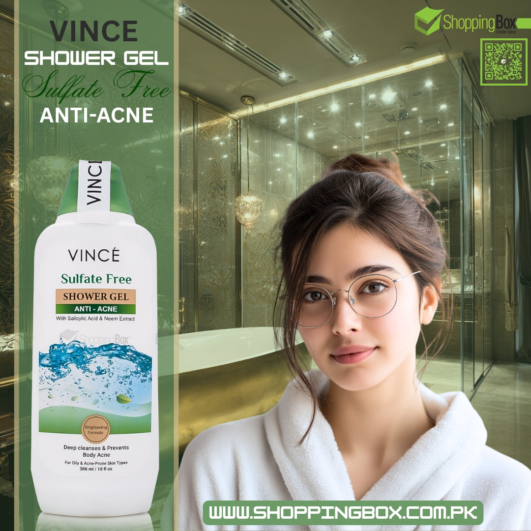 Vince shower gel bottle with a woman in a bathroom setting, ShoppingBox logo visible