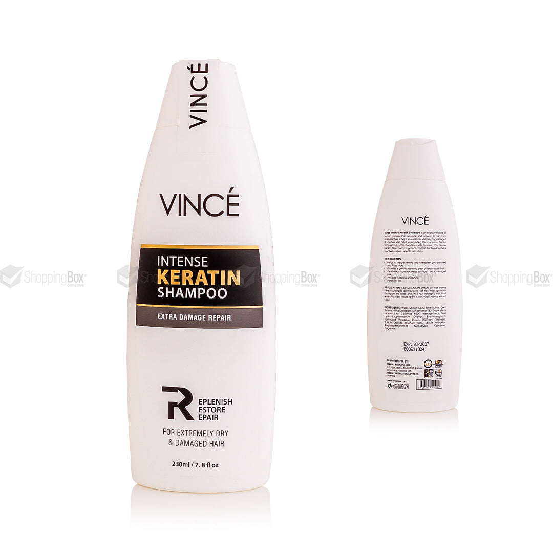 Vince Intense Keratin Shampoo 230ml front and back bottle pack picture with Shopping Box water mark