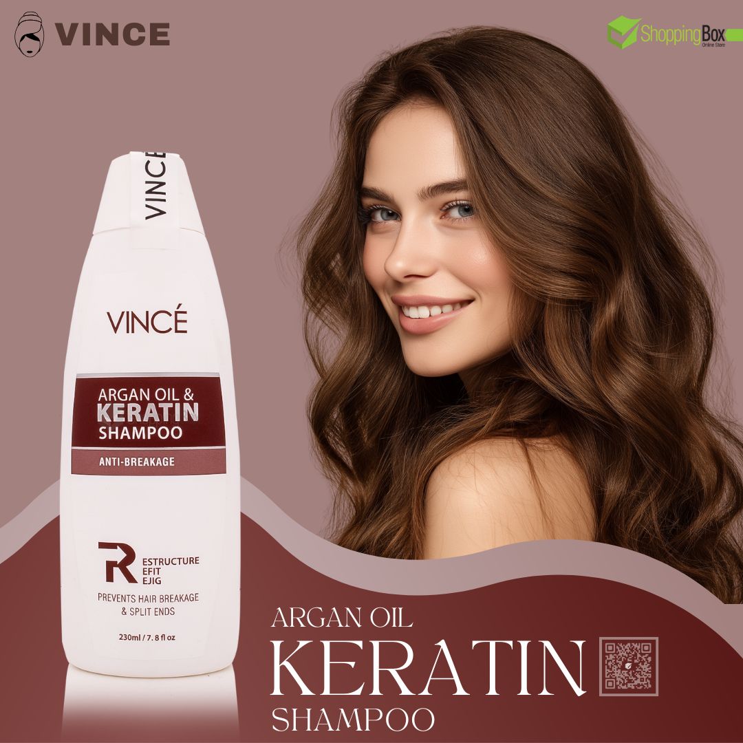 Vince Argan Oil & Keratin Shampoo bottle with a woman with long brown hair on a brown background Advertisement For Shopping Box Social Media Post.