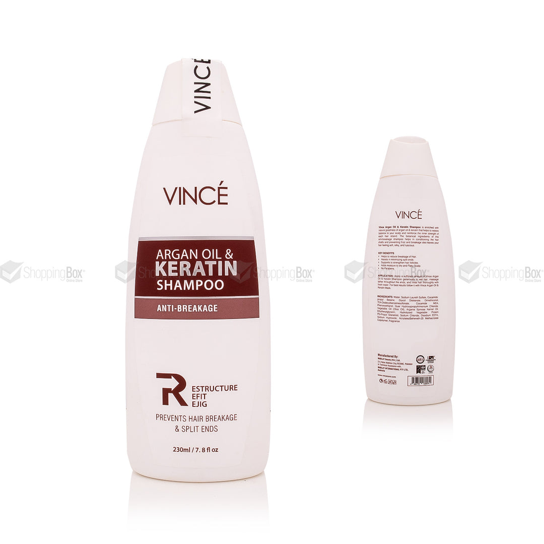 Vince Argan Oil & Keratin Shampoo bottle front and back view on a white background