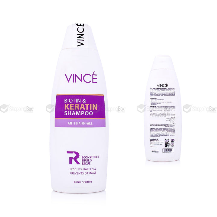 Vincé Biotin & Keratin Shampoo – 230ml bottle for anti-hair fall and damage repair, available at Shopping Box Pakistan