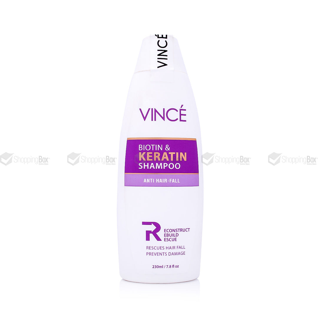 Vincé Biotin & Keratin Shampoo – 230ml bottle for anti-hair fall and damage repair, available at Shopping Box Pakistan