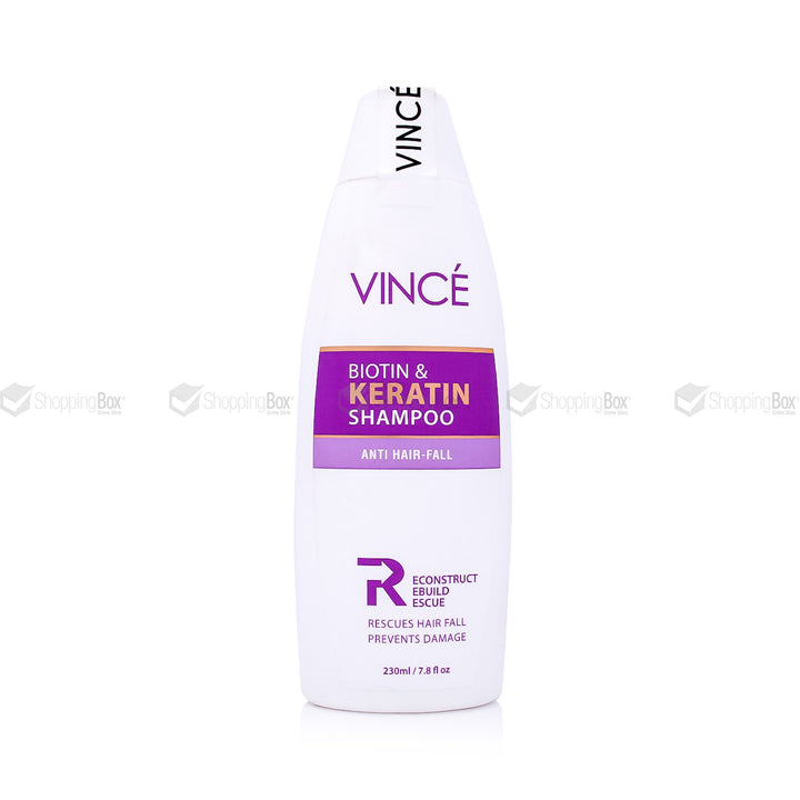 Vincé Biotin & Keratin Shampoo – 230ml bottle for anti-hair fall and damage repair, available at Shopping Box Pakistan
