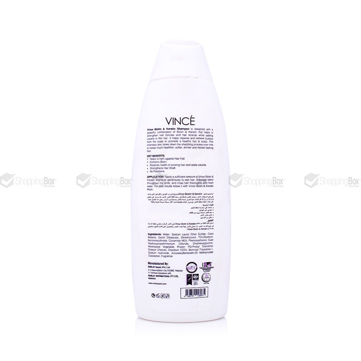 Vincé Biotin & Keratin Shampoo – 230ml bottle for anti-hair fall and damage repair, available at Shopping Box Pakistan