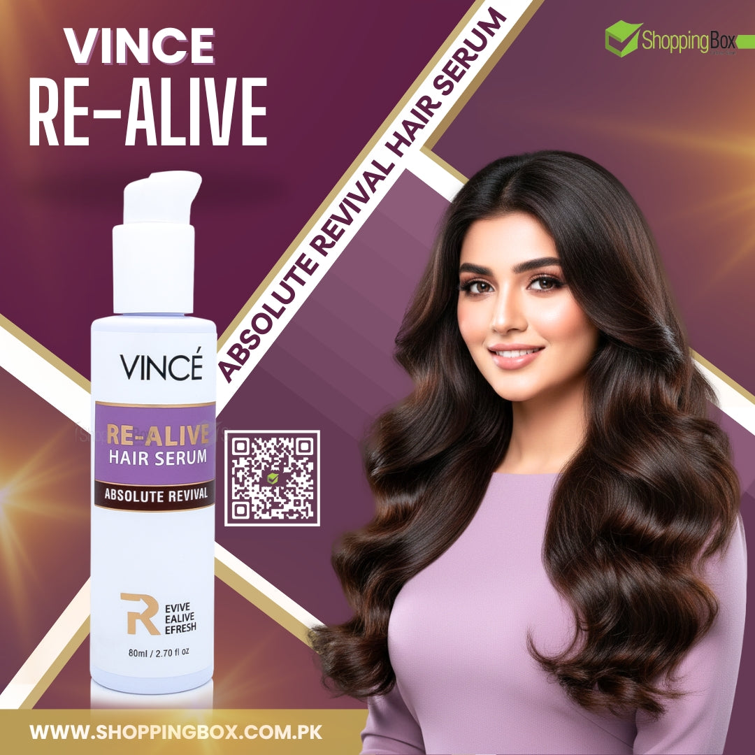 Vince Re-Alive hair serum with a model displaying long hair on a purple background