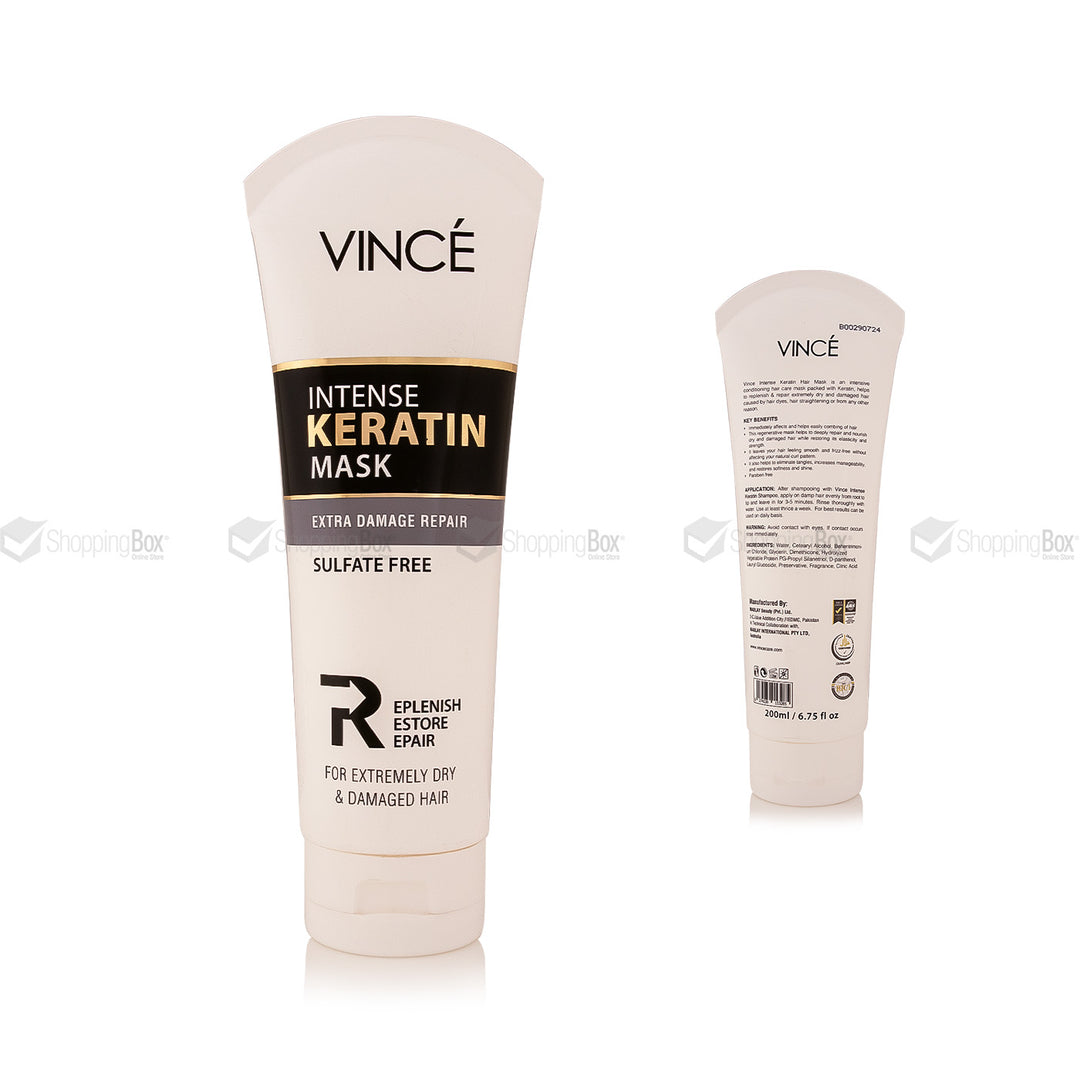 Vince Intense Keratin Mask 200ml front and back tube pack photo with Shopping Box water mark