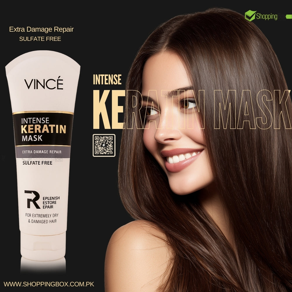 Vince Intense Keratin Mask with a model displaying smooth hair on a black background at Shopping Box Social Midea Post