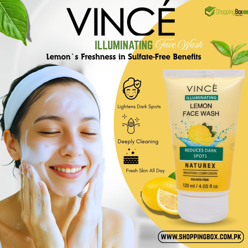 Promotional image of Vince Illuminating Lemon Face Wash highlighting brightening care. available at Shopping Box.