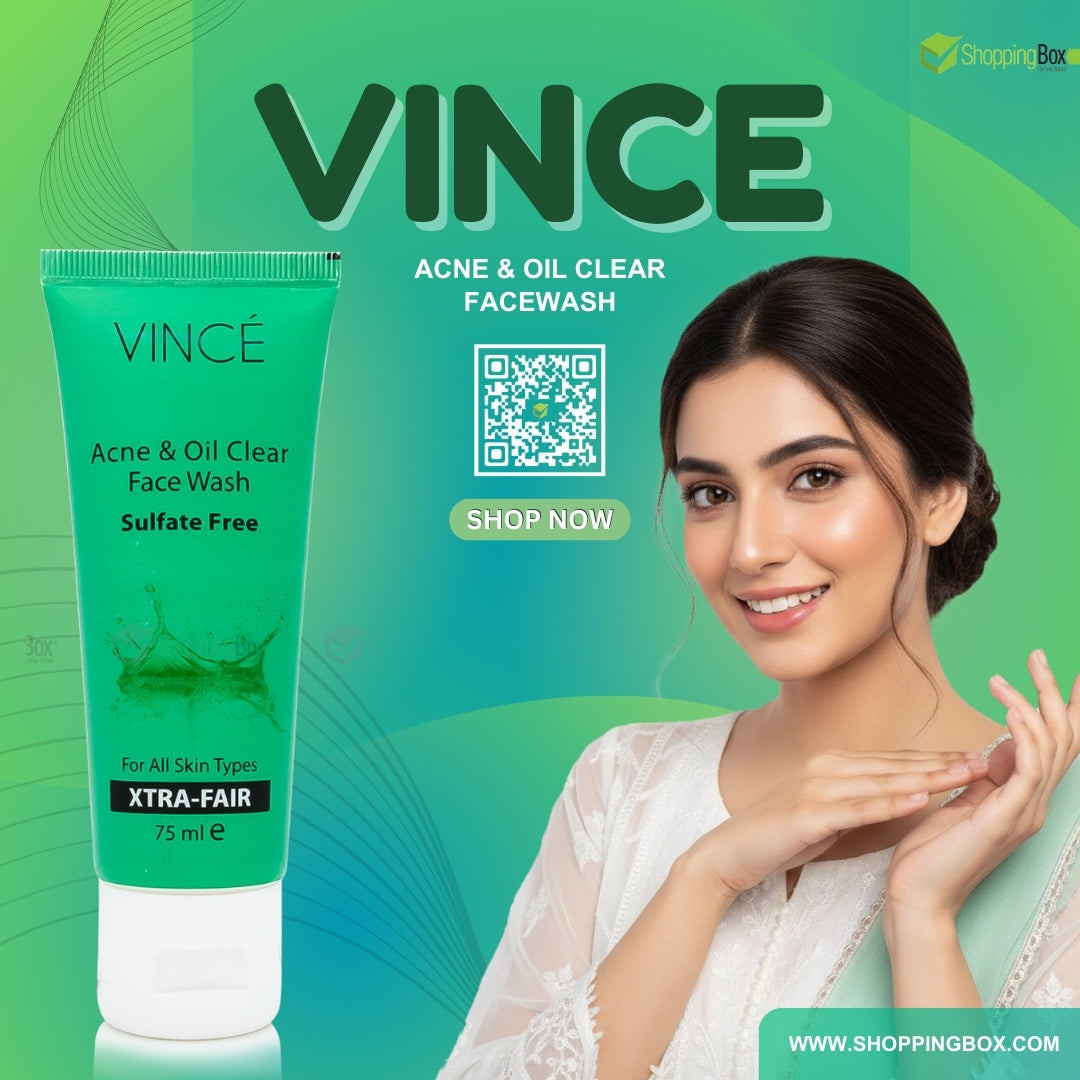 Vince Acne & Oil Clear Facewash advertisement with a woman and green background