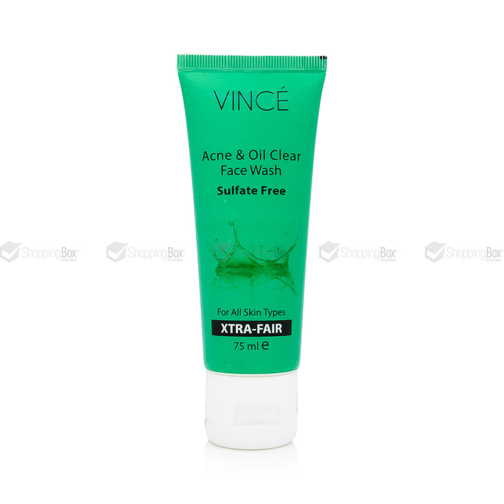 Green tube of Vince Acne & Oil Clear Face Wash on a white background