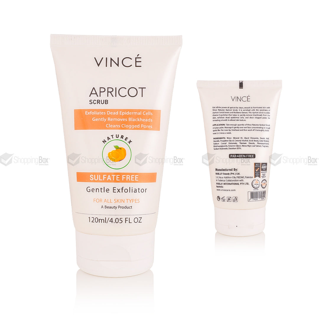 The image shows a tube of VINCE Naturex Apricot Scrub with the front and back view, displaying the product name, benefits, and usage instructions.