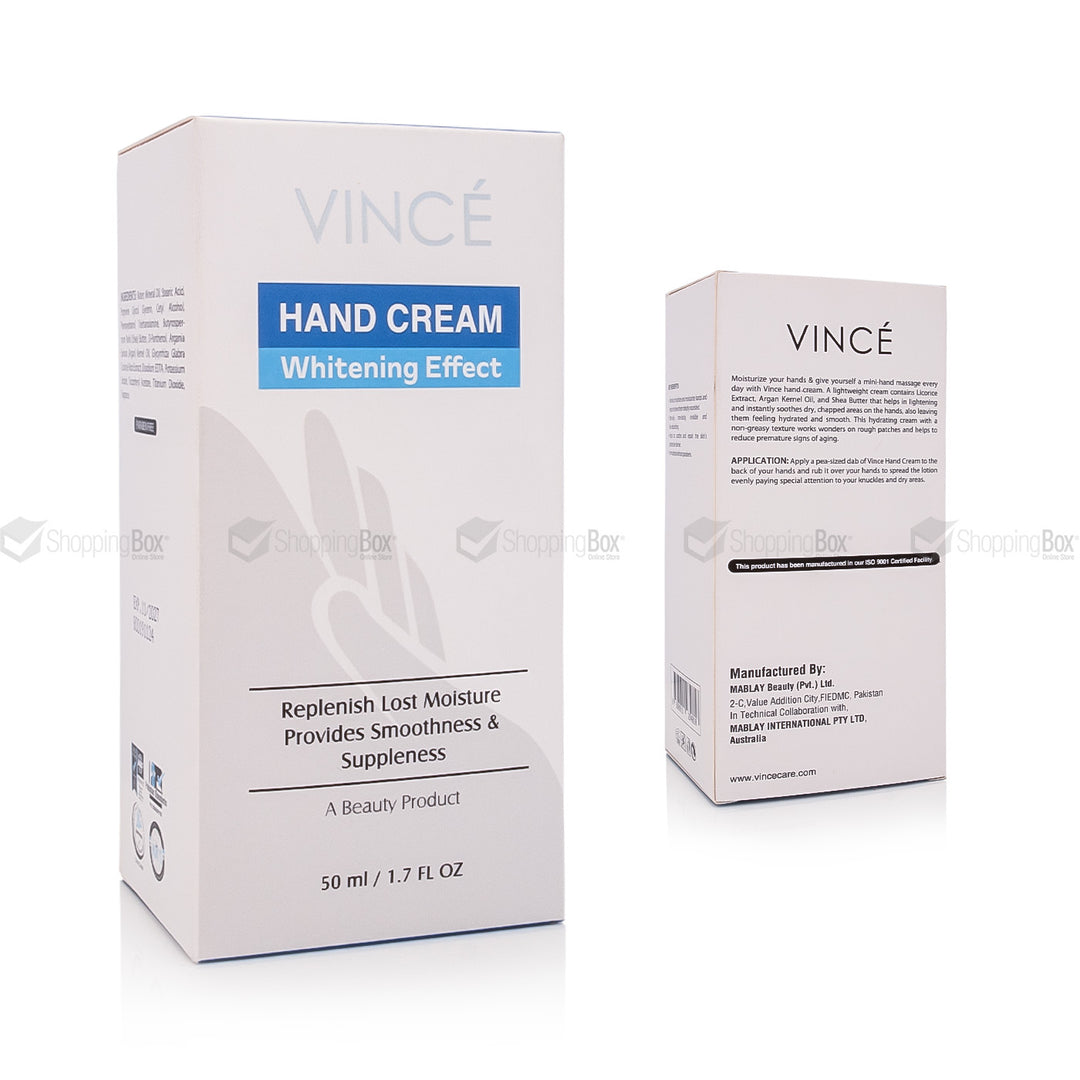 Vince hand cream packaging with whitening effect on a white background