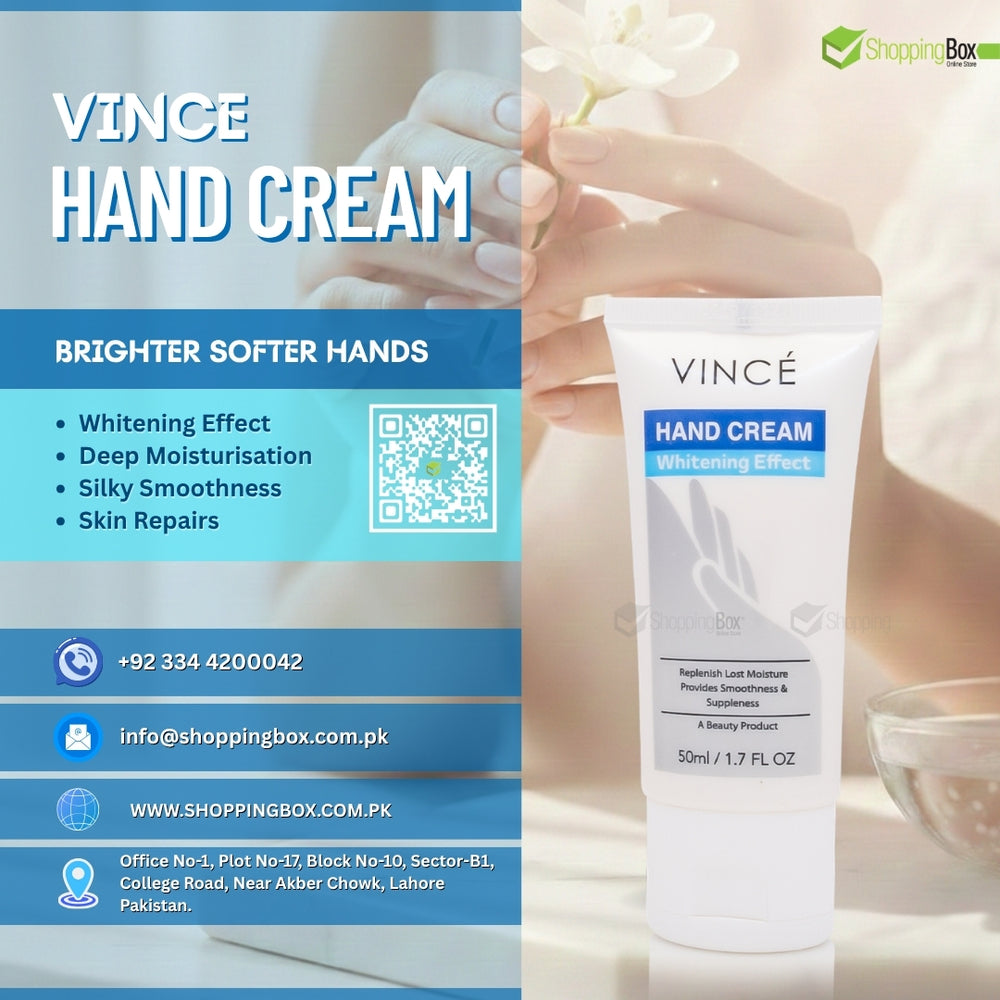 Vince hand cream tube with product details and contact information on a blue background
