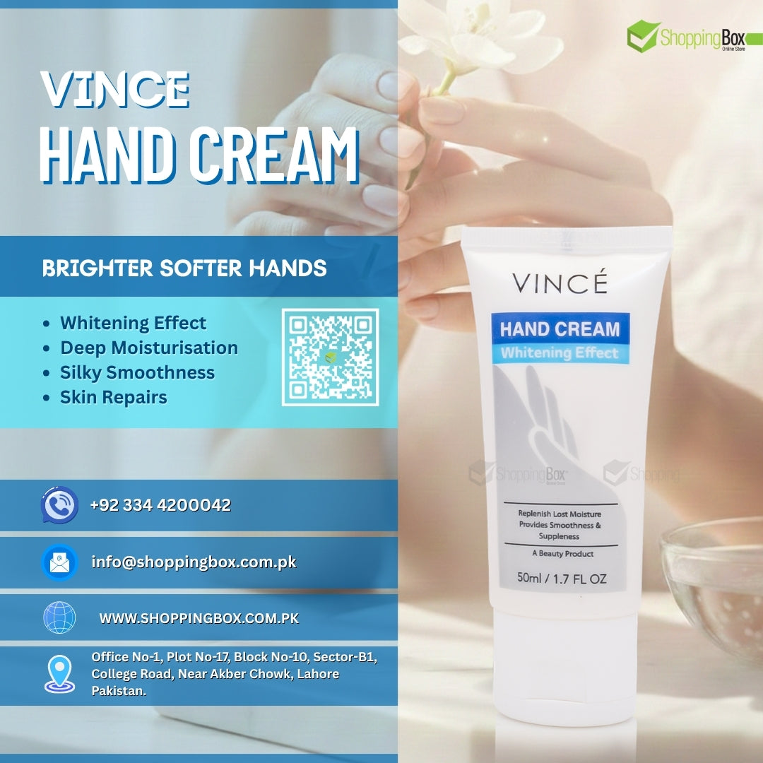 Vince hand cream tube with product details and contact information on a blue background