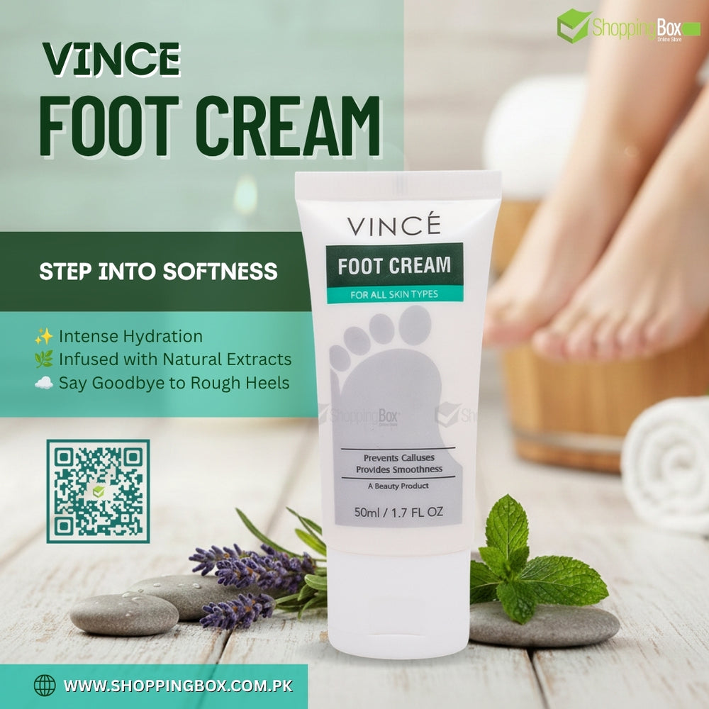 Vince Foot Cream packaging with branding and product details on a wooden surface.
