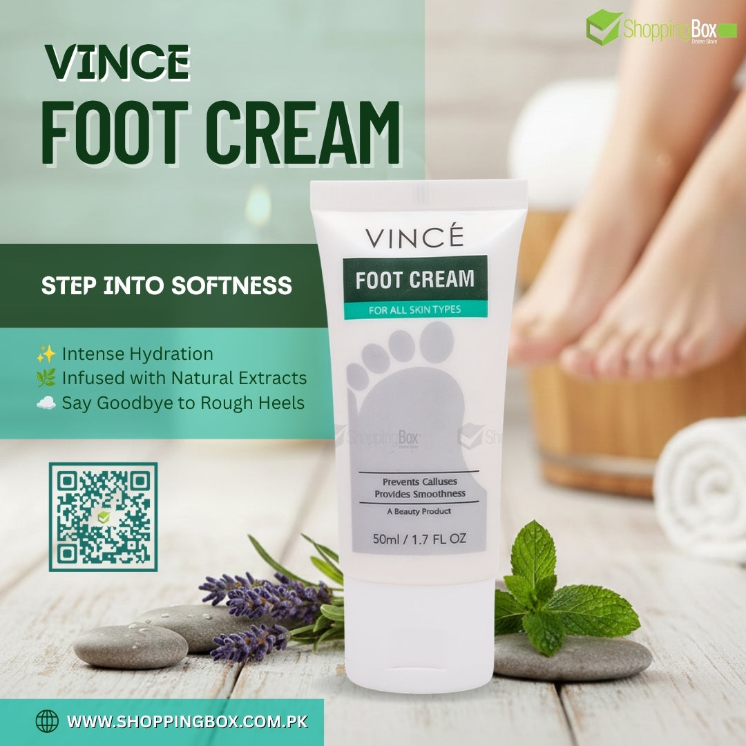 Vince Foot Cream packaging with branding and product details on a wooden surface.