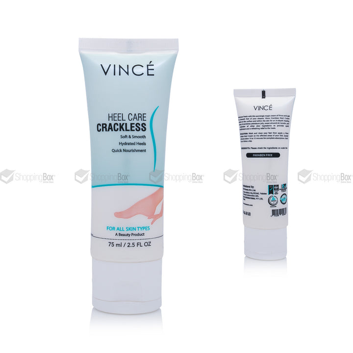 Front and Back view of Vince Heel Care Crackless showing ingredients and directions