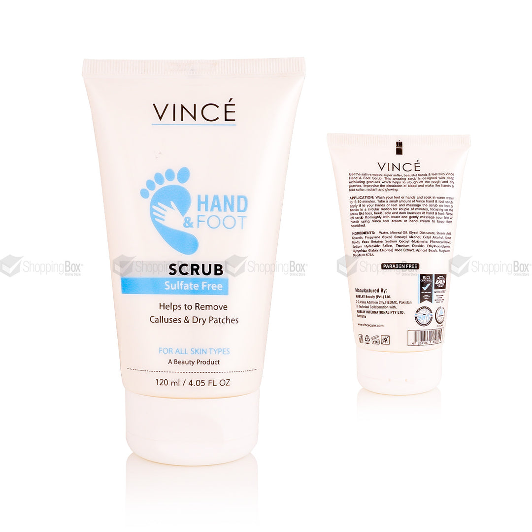 A tube of VINCE Hand & Foot Scrub showing the front and back with product details.