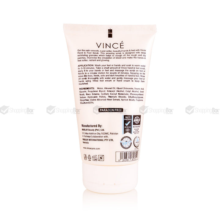 Vince Hand & Foot Scrub 120ml back label with application details