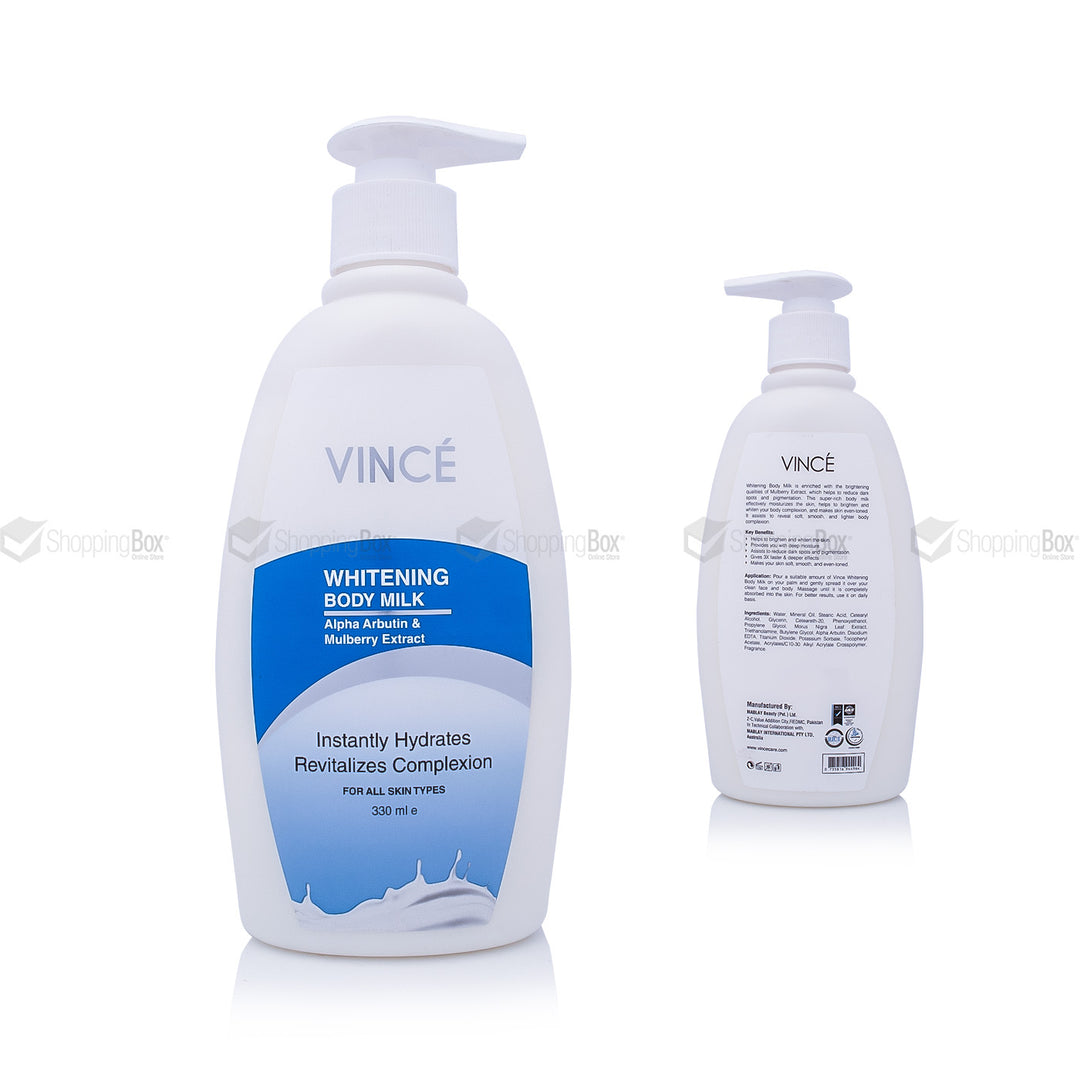 Two bottles of Vince Whitening Body Milk on a white background
