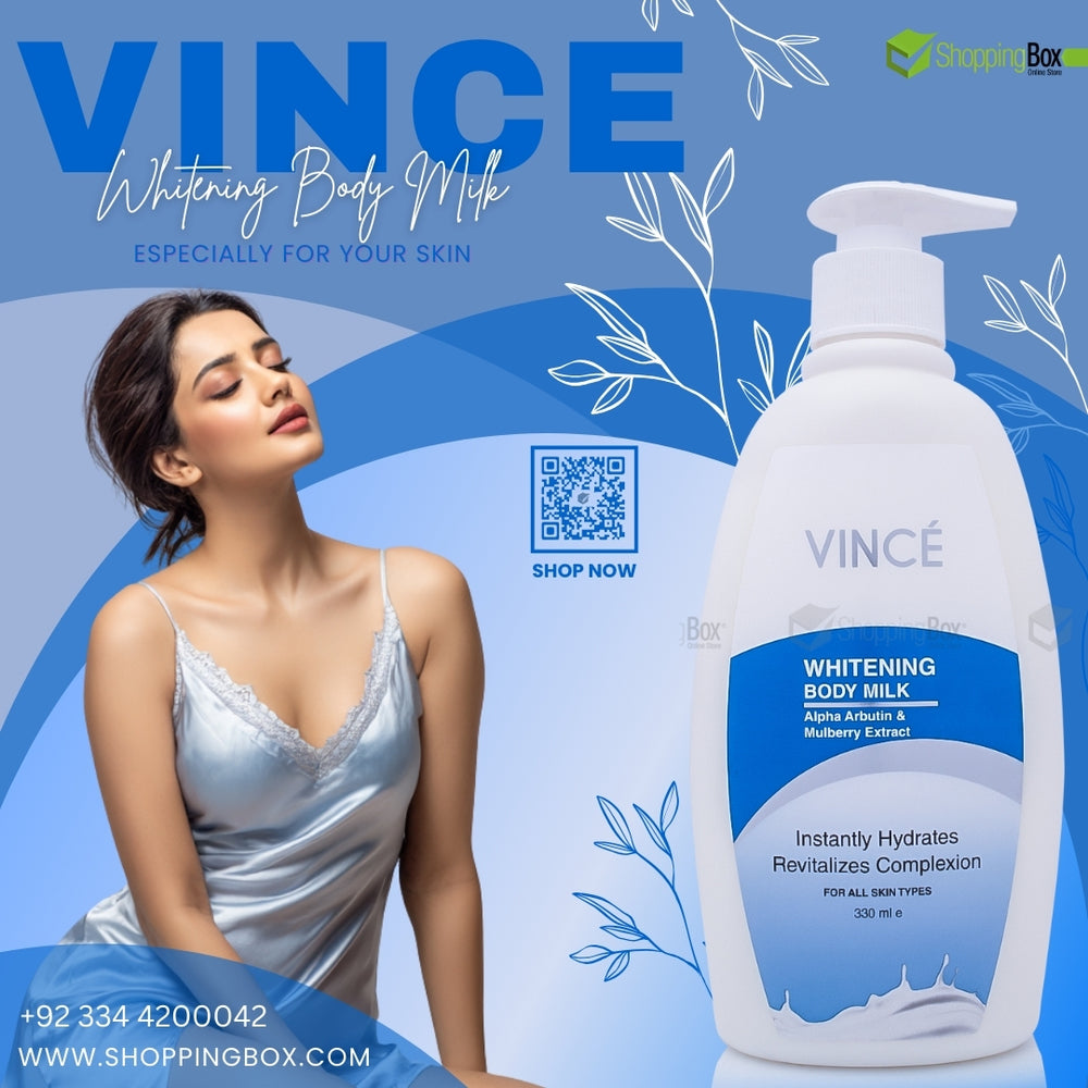 Vince Whitening Body Milk advertisement with a woman and product bottle on a blue background