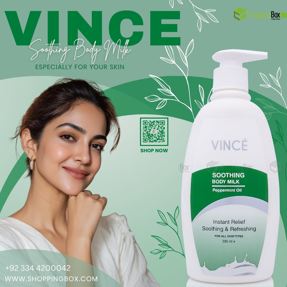 Vince Soothing Body Milk bottle with a woman and green background