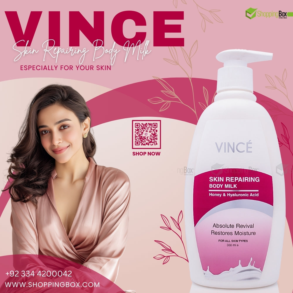 Vince skin repairing body milk with a woman on a pink background