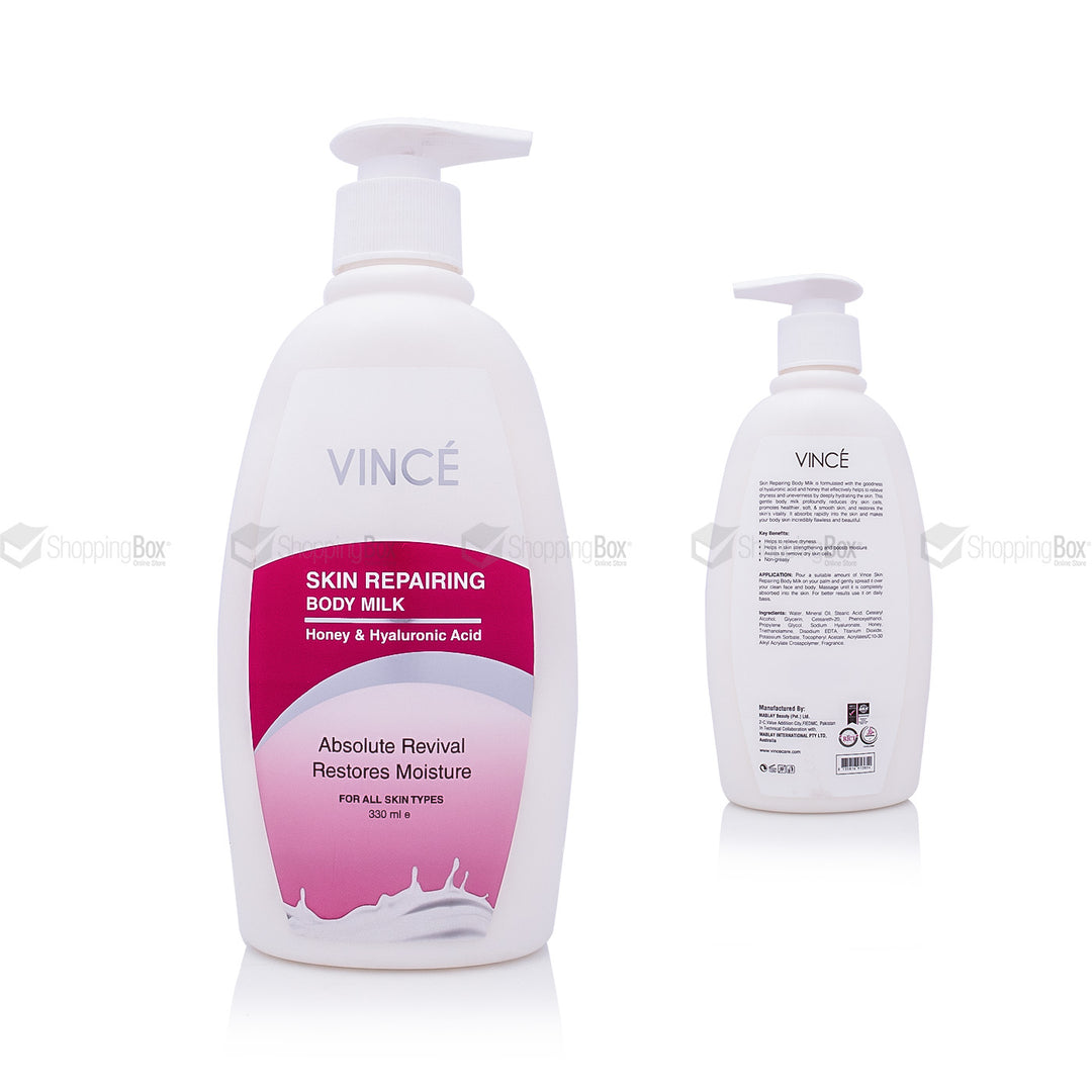 Front view of Vince Skin Repairing Body Milk 330ml bottle with pink label.