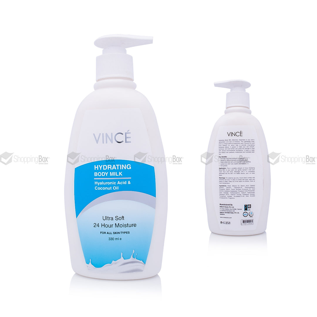 Two bottles of Vince hydrating body milk on a white background