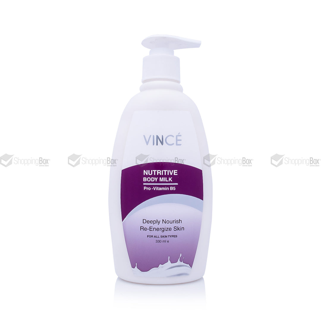 White bottle of Vince Nutritive Body Milk with purple label on a white background