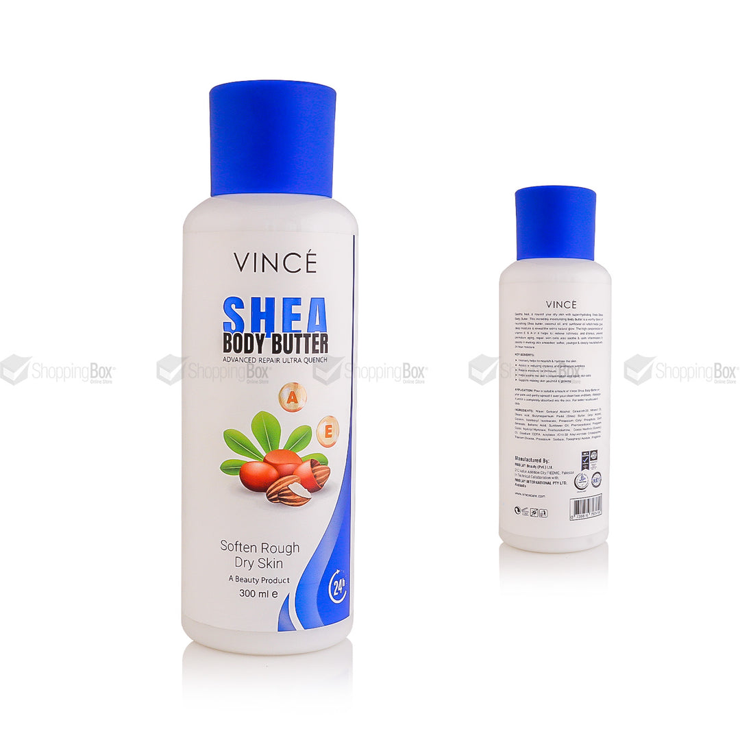 Vince Shea Body Butter 300ml front and back bottle view at Shopping Box