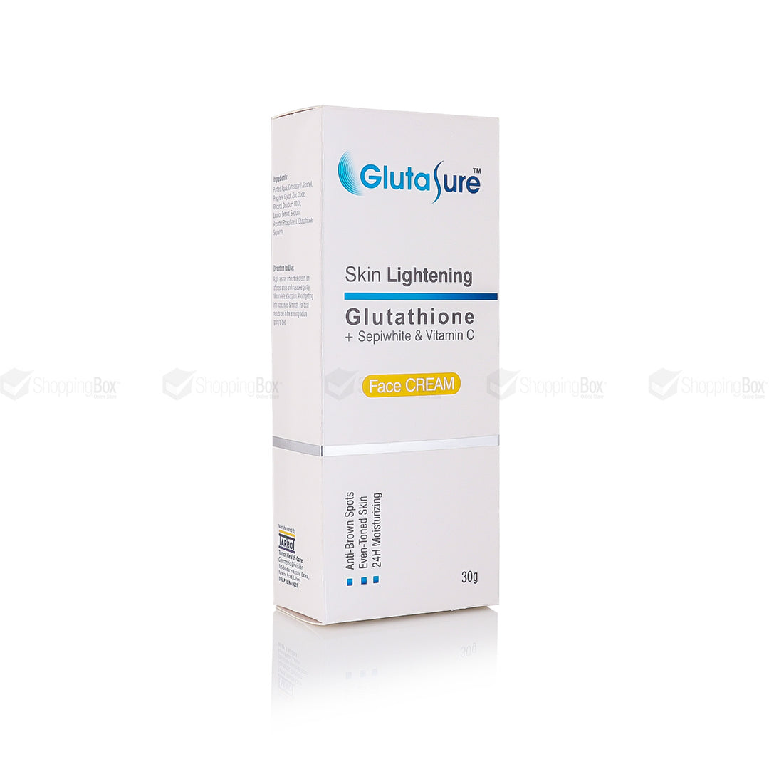 Front view of GlutaSure Skin Lightening Cream 30g with box.