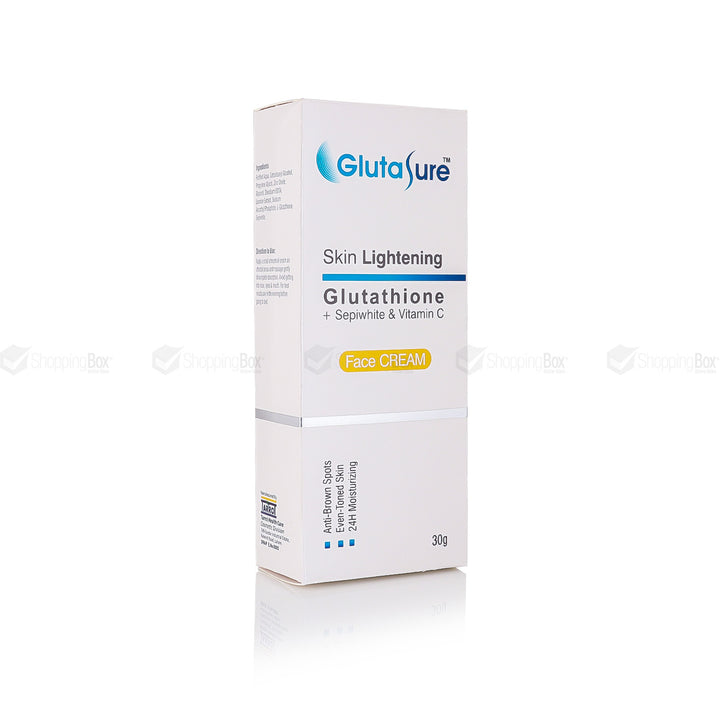 Front view of GlutaSure Skin Lightening Cream 30g with box.