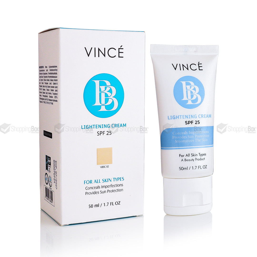 Packaging and tube of Vince BB Cream in Beige Color with SPF-25, indicating hydration, correction, and protection benefits.
