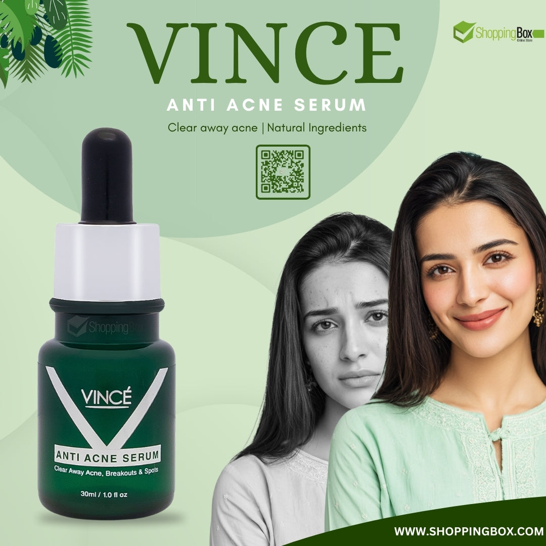 Promotional image for Shopping Box Advertising, Showing Vince Anti Acne Serum and model with clear glowing skin.