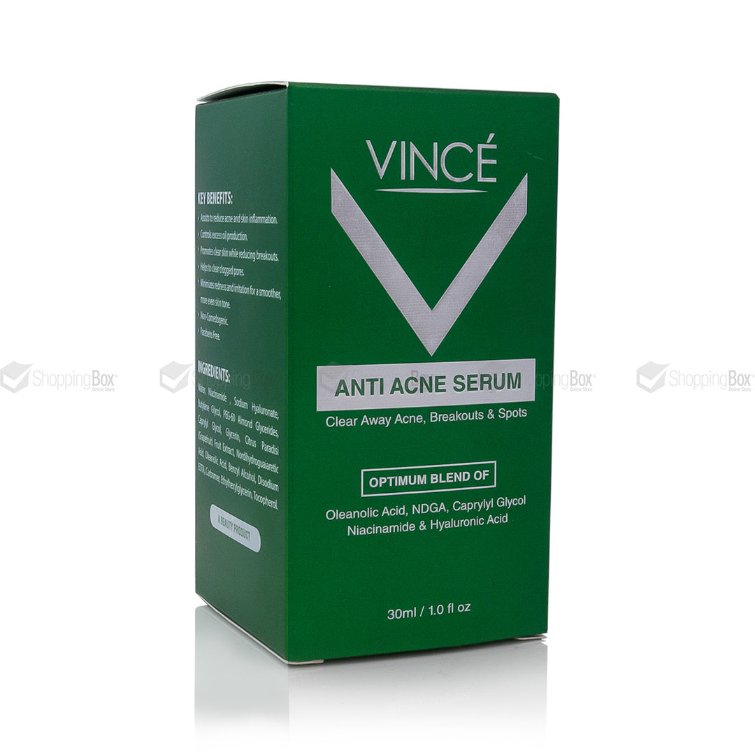 Green box of Vince Anti Acne Serum on a white background