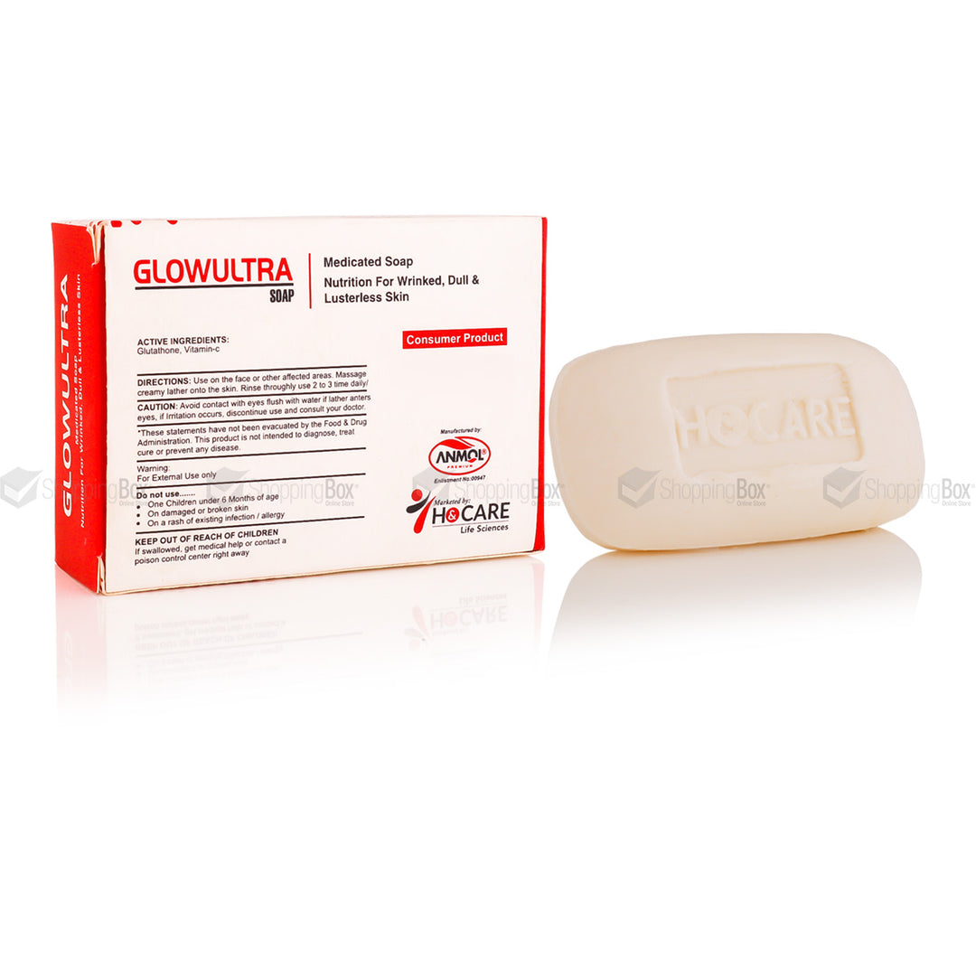 GlowUltra Medicated Soap 80gm back packaging with usage info