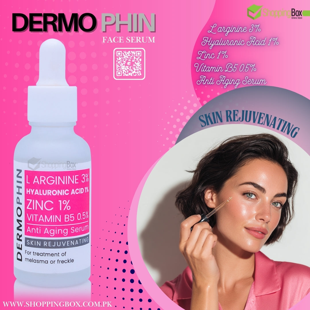 Dermo Phin face serum bottle with a woman applying serum on her face against a pink background.