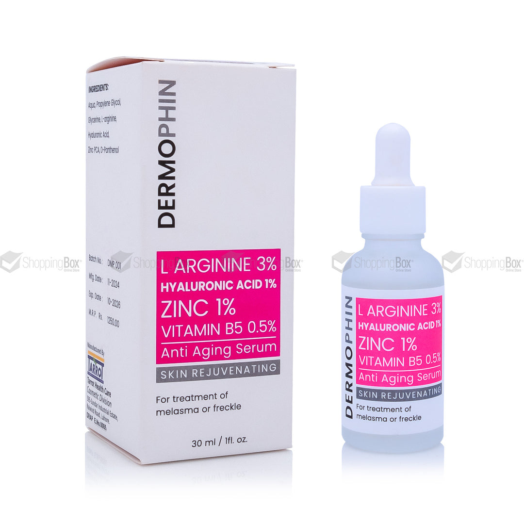 Front view of DermoPhin Anti-Aging Face Serum 30ml with dropper bottle.