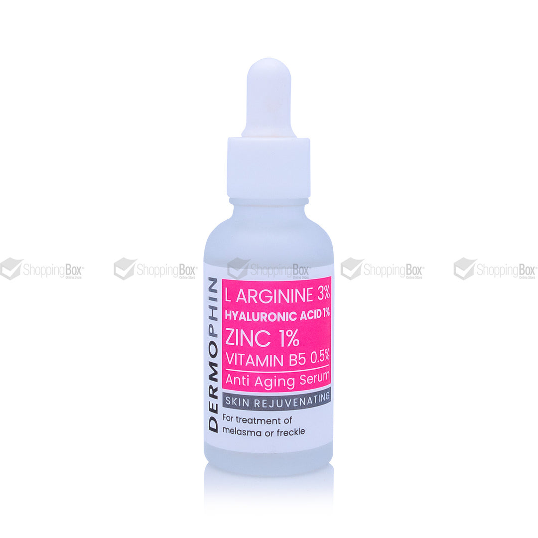 Anti-aging serum bottle with dropper on a white background