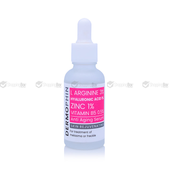 Anti-aging serum bottle with dropper on a white background