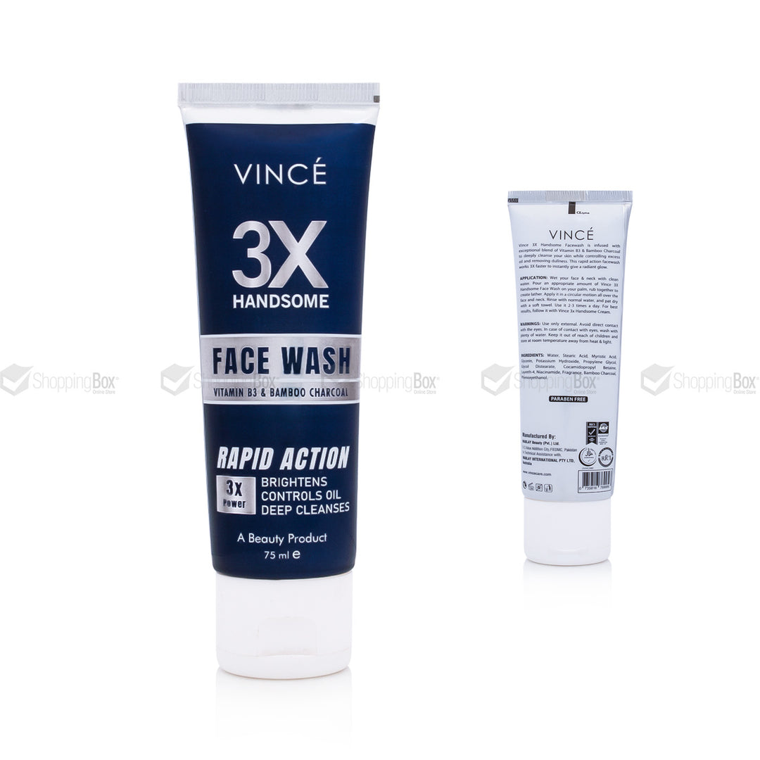 📸 Vince 3X Handsome Face Wash 75ml front packaging with rapid action formula