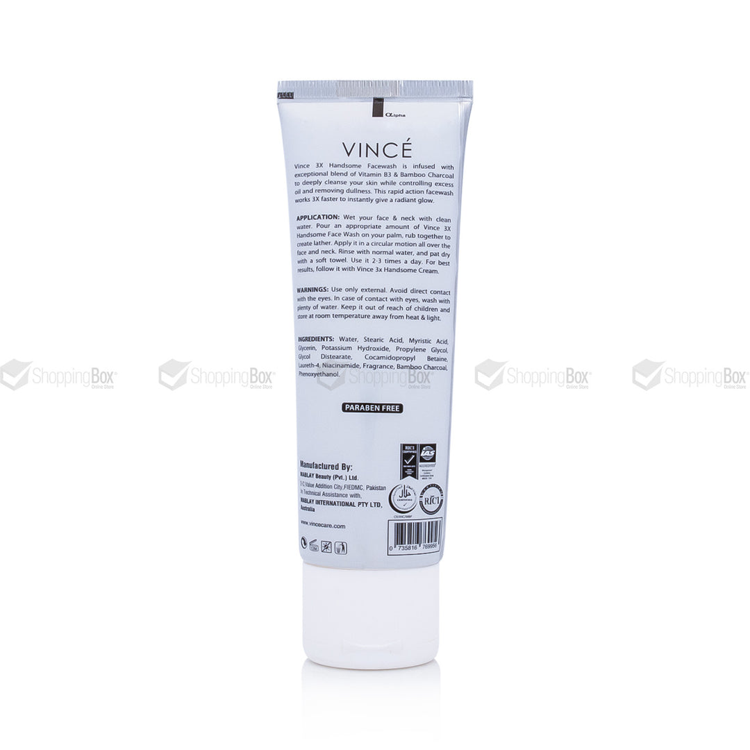 Vince 3X Handsome Face Wash back packaging showing ingredients and usage details