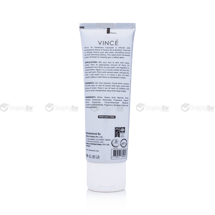 Vince 3X Handsome Face Wash back packaging showing ingredients and usage details