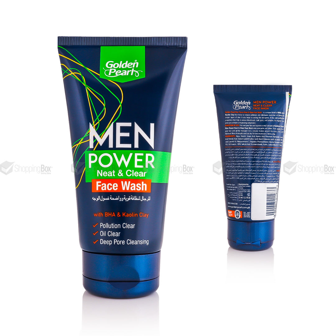 Two bottles of Golden Pearl Men Power Neat & Clear Face Wash on a white background