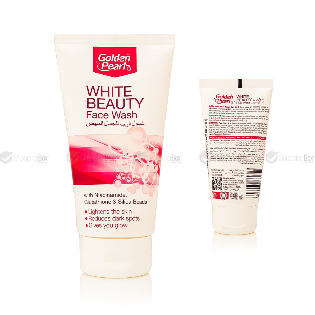 Two bottles of Golden Pearl White Beauty Face Wash on a white background