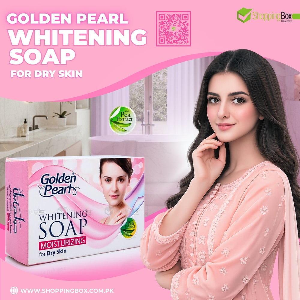 Golden Pearl Whitening Soap packaging with a beautiful model adverting for Shopping Box Social Media.