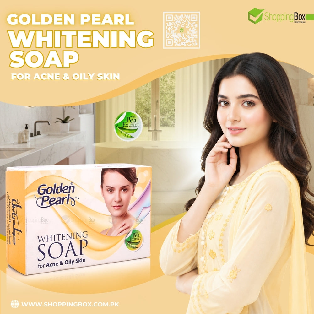 Golden Pearl Whitening Soap packaging with a woman in a bathroom setting