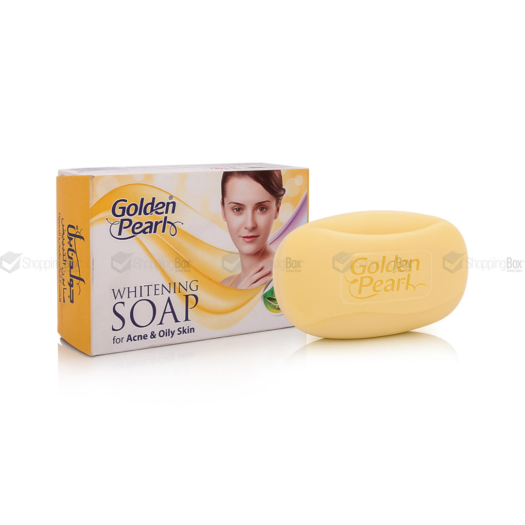Golden Pearl whitening soap with packaging on a white background