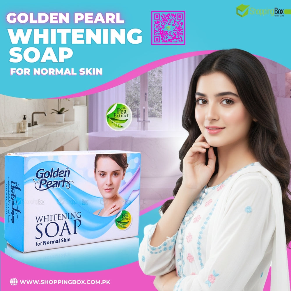 Golden Pearl Whitening Soap packaging with a beautiful model adverting  for Shopping Box Poster